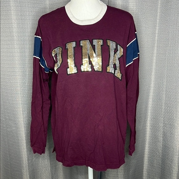PINK VICTORIAS SECRET SMALL WOMENS Burgundy LONG SLEEVED BLING TSHIRT - Picture 1 of 8